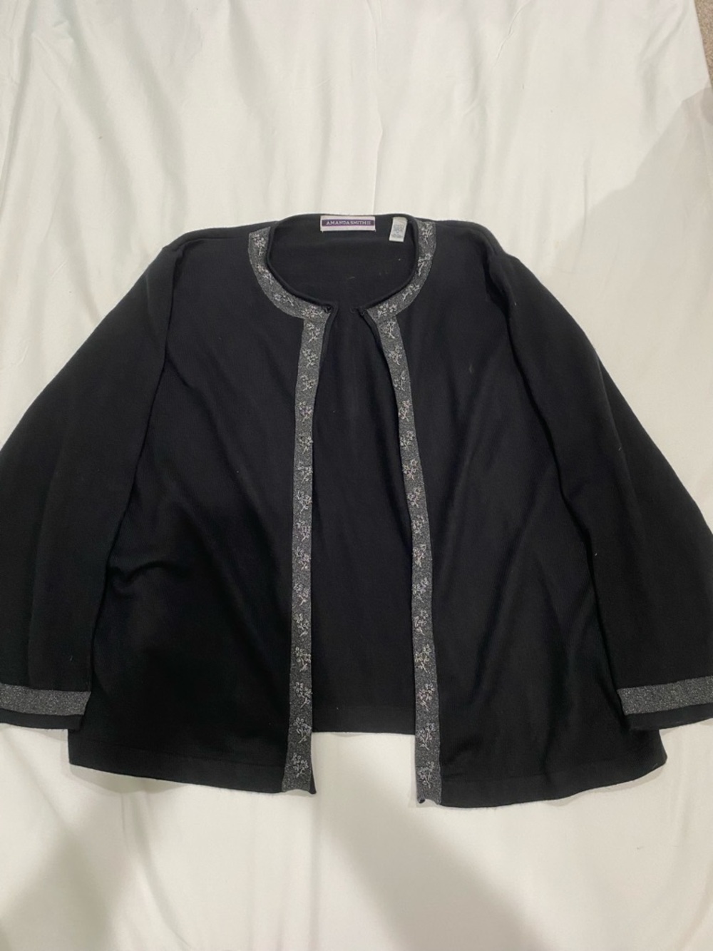Amanda Smith Black Open-Front Jacket with Silver Floral Trim